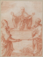 A 054
<br/>
Madonna d'Itria en Kind op kist opgehouden door twee monniken
<br/>
<em>Maratta, Carlo (1625-1713) - toegeschreven aan</em>